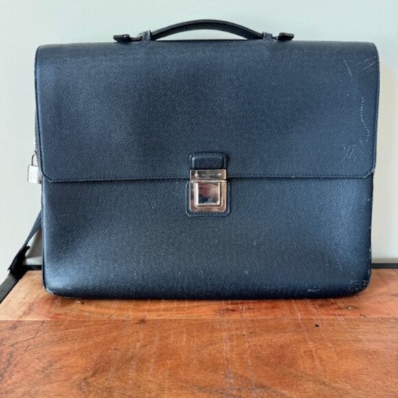 Louis Vuitton Taiga Leather Briefcase, Black with Crossbody Strap - Picture 1 of 3